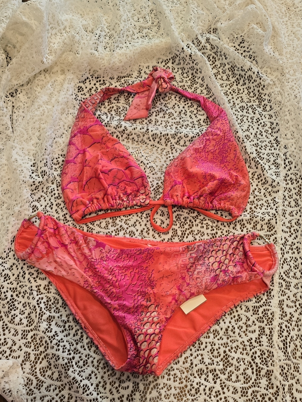 Halter Bikini Set in Pink & Coral Scale Print